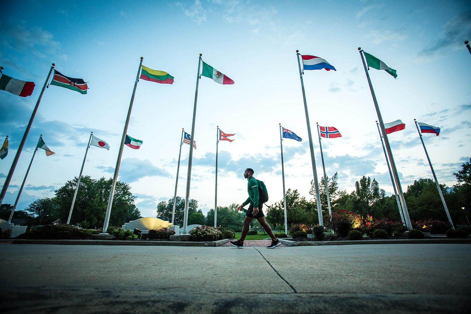 The Joyce and Harvey White International Plaza, located near Colden Pond and Martindale Hall, stretches approximately 300 feet from West Fourth Street to the center of the campus.